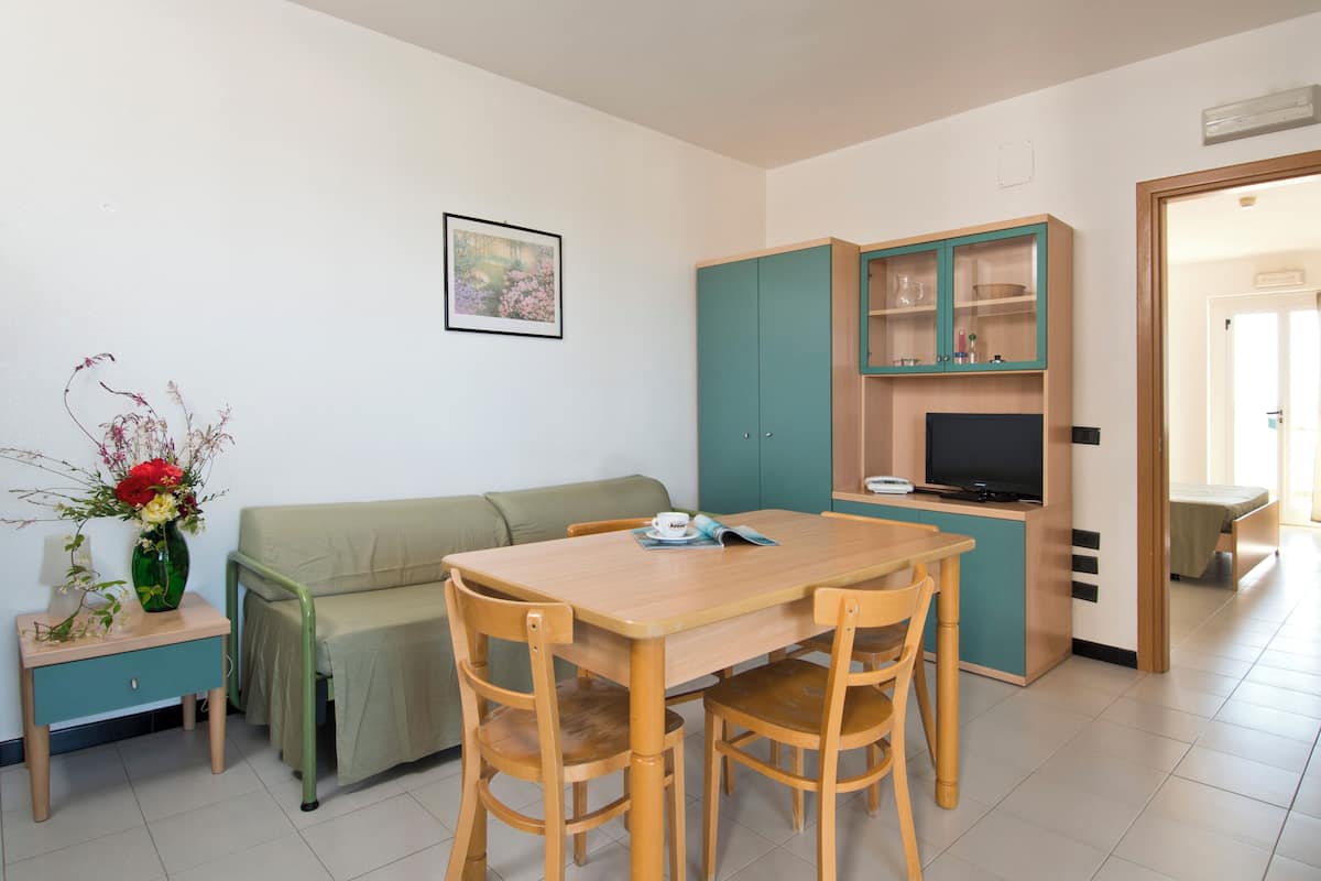 A compact living space with a wooden dining table, two chairs, a green sofa, a small side table with a vase of flowers, a kitchenette with a TV, and a framed picture on the wall.
