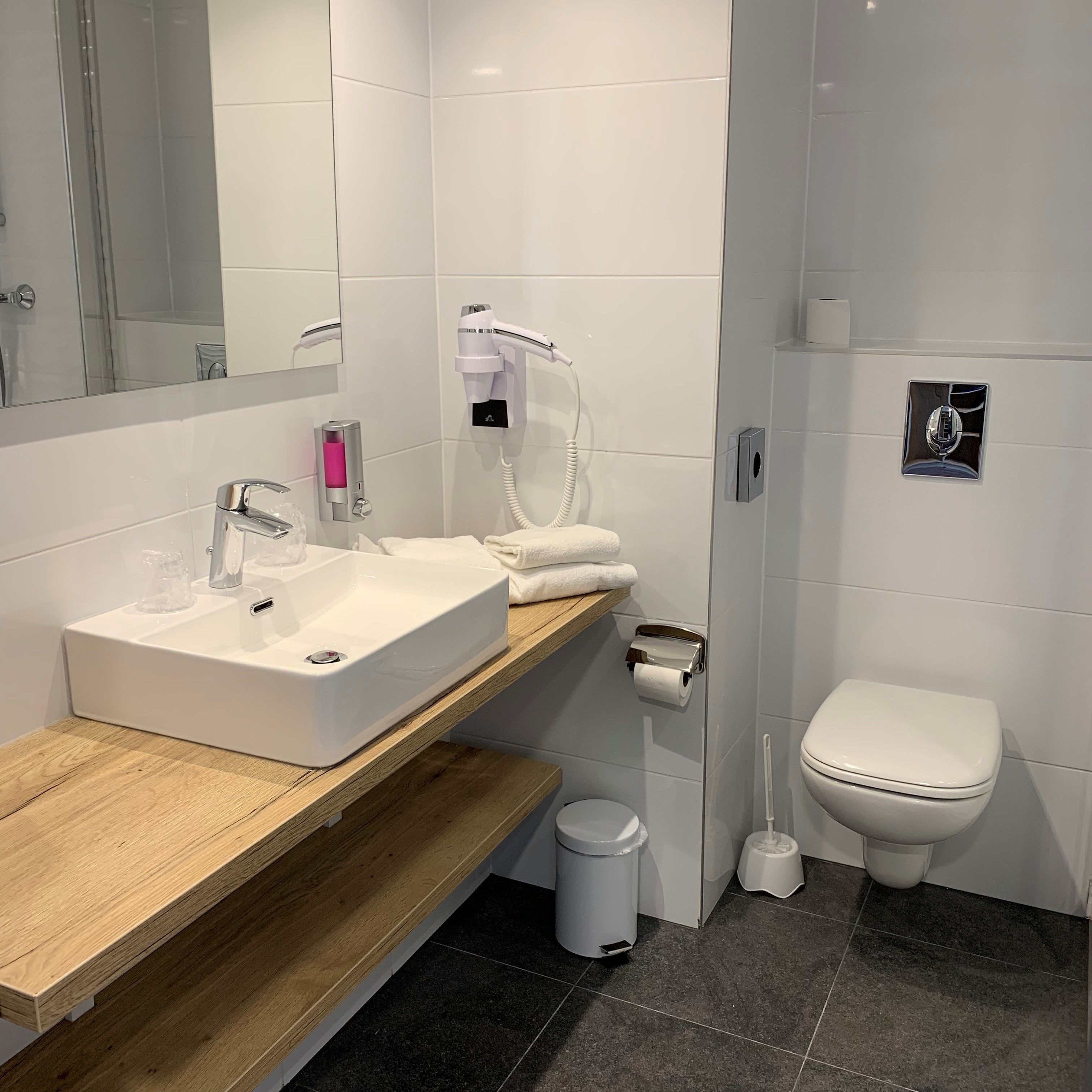 shower, rainfall showerhead, free toiletries, hair dryer