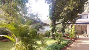A garden area with a paved walkway, various potted plants, and a building with a reception desk. - The Blue Lagoon Resort (Mawal)