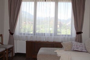 Luxe appartement, 1 slaapkamer, balkon | Woonruimte | Een 29-inch smart-tv met satellietzenders en een televisie