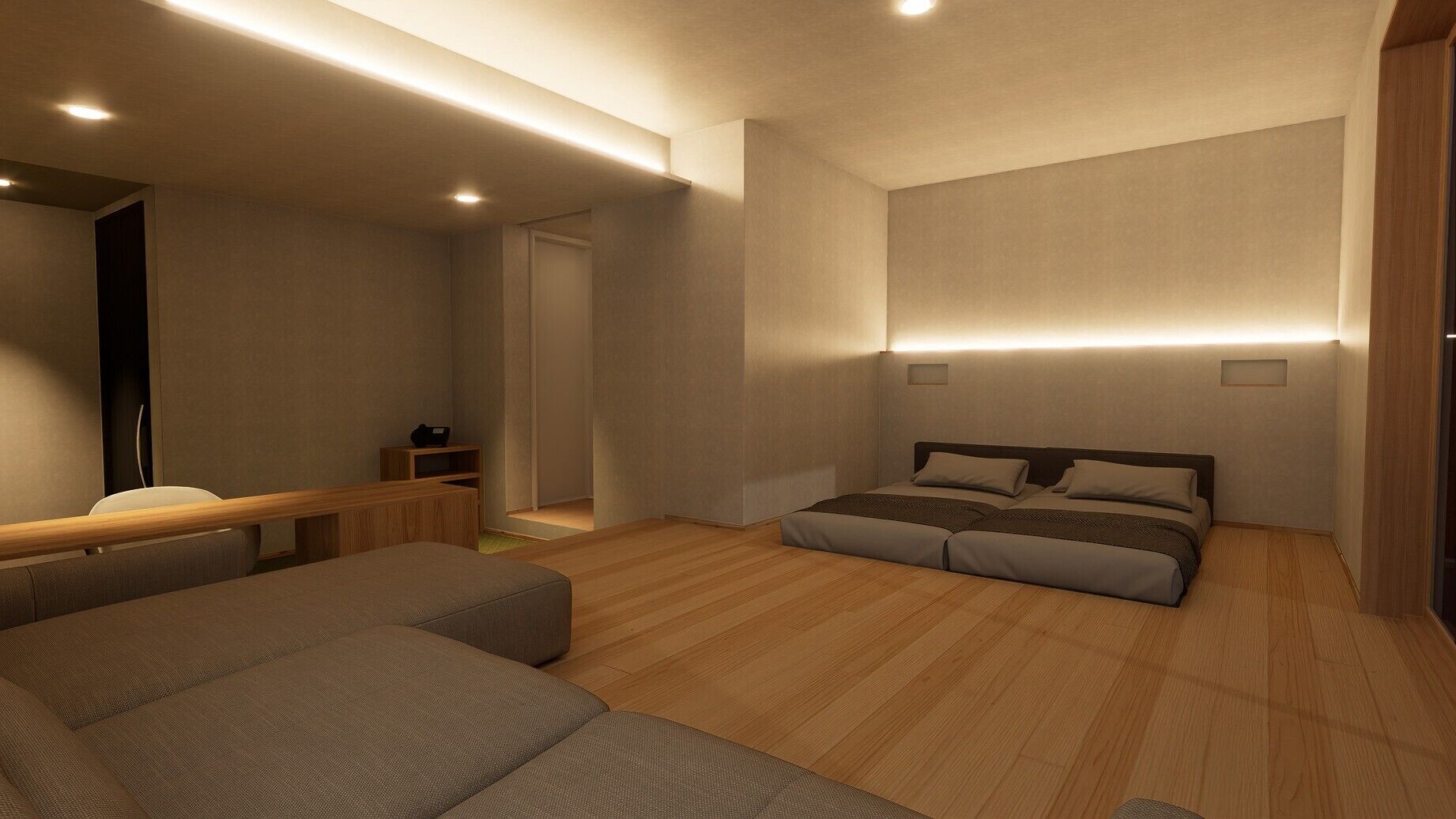 Ein modernes Schlafzimmer mit einem Bett, einem Sofa und einem kleinen Holztisch.