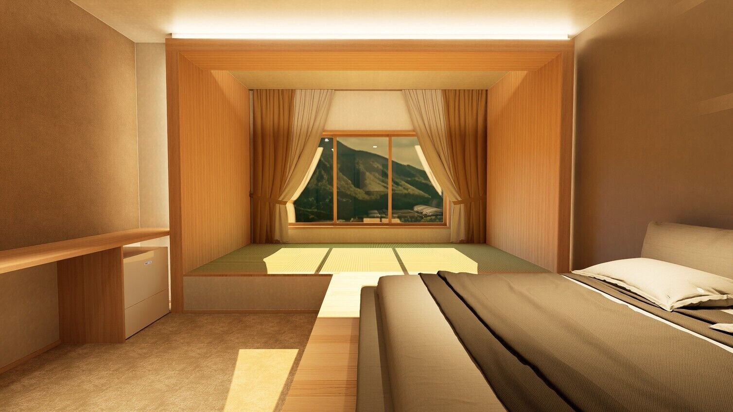 Ein Zimmer mit Bett, einem Vorhangfenster, einem Holztisch und Blick auf Berge.