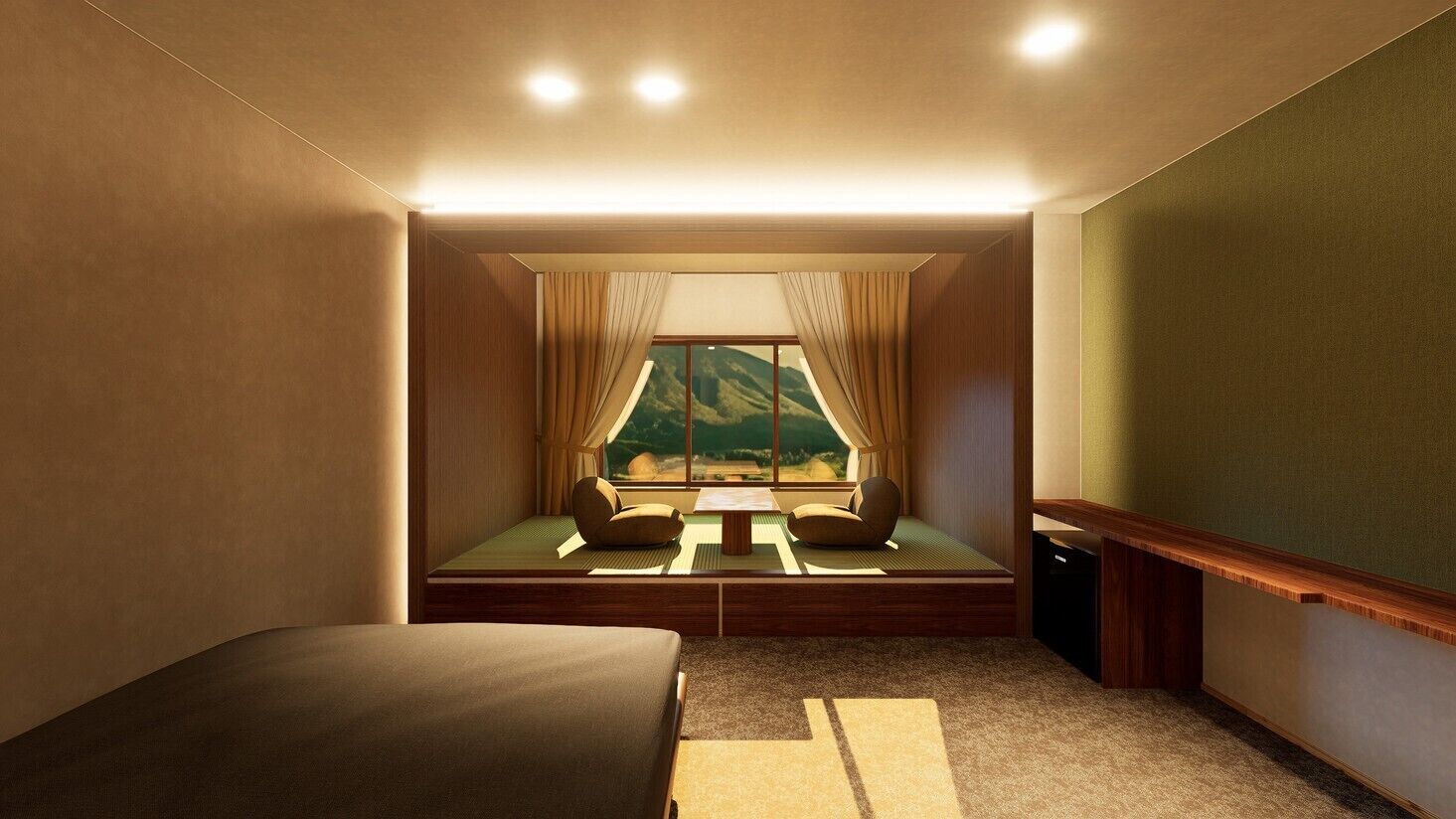 Ein Zimmer mit einem Bett, einem kleinen Tisch, einem Fenster mit Vorhängen und Blick auf eine Berglandschaft.