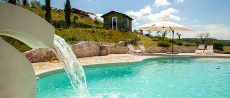 Seasonal outdoor pool, pool umbrellas, pool loungers