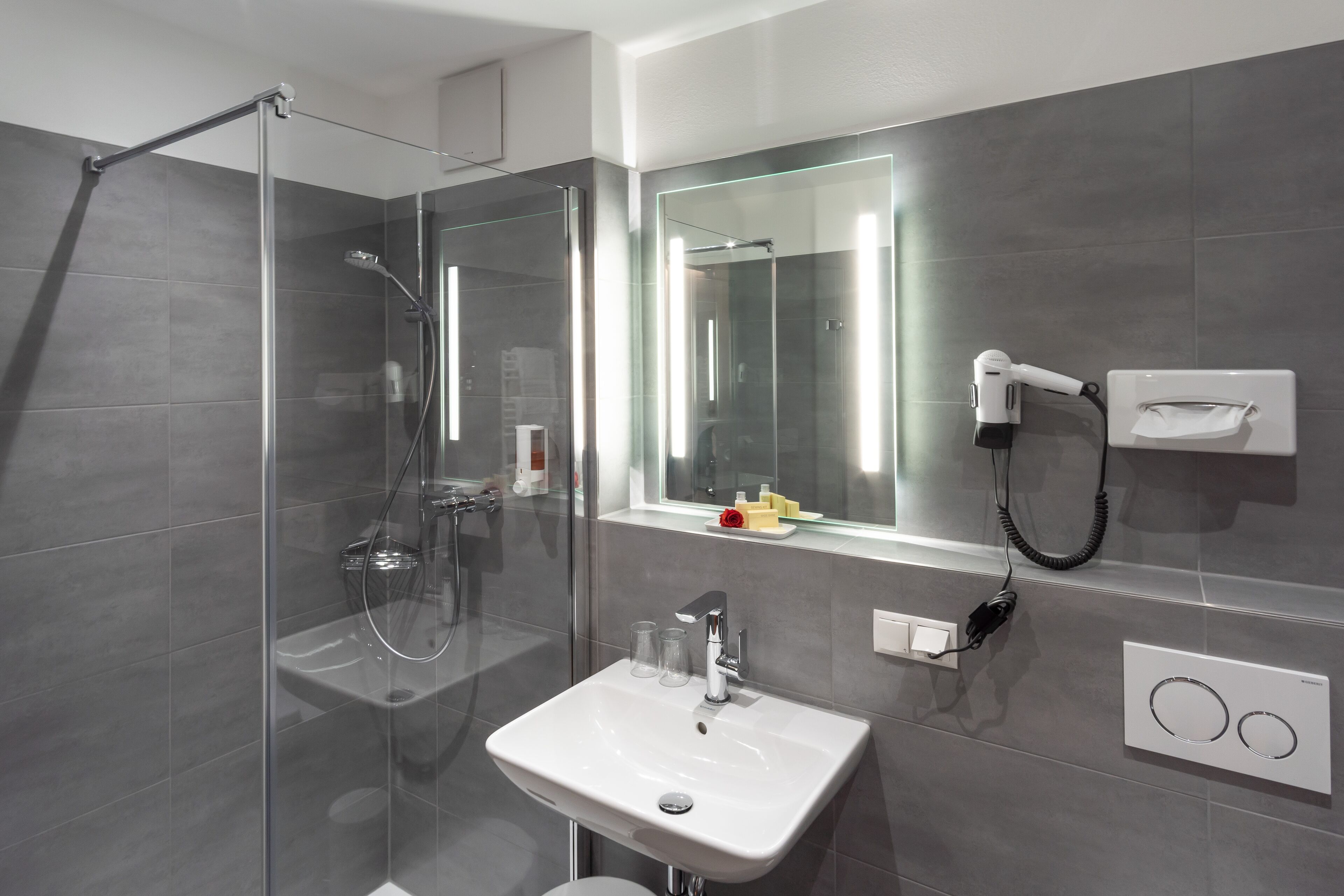 Habitación doble superior | Baño | Ducha, artículos de higiene personal gratuitos y secador de pelo