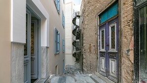 Un carreró estret amb paviment de pedra, una escala caragolada i edificis amb portes i persianes tradicionals.