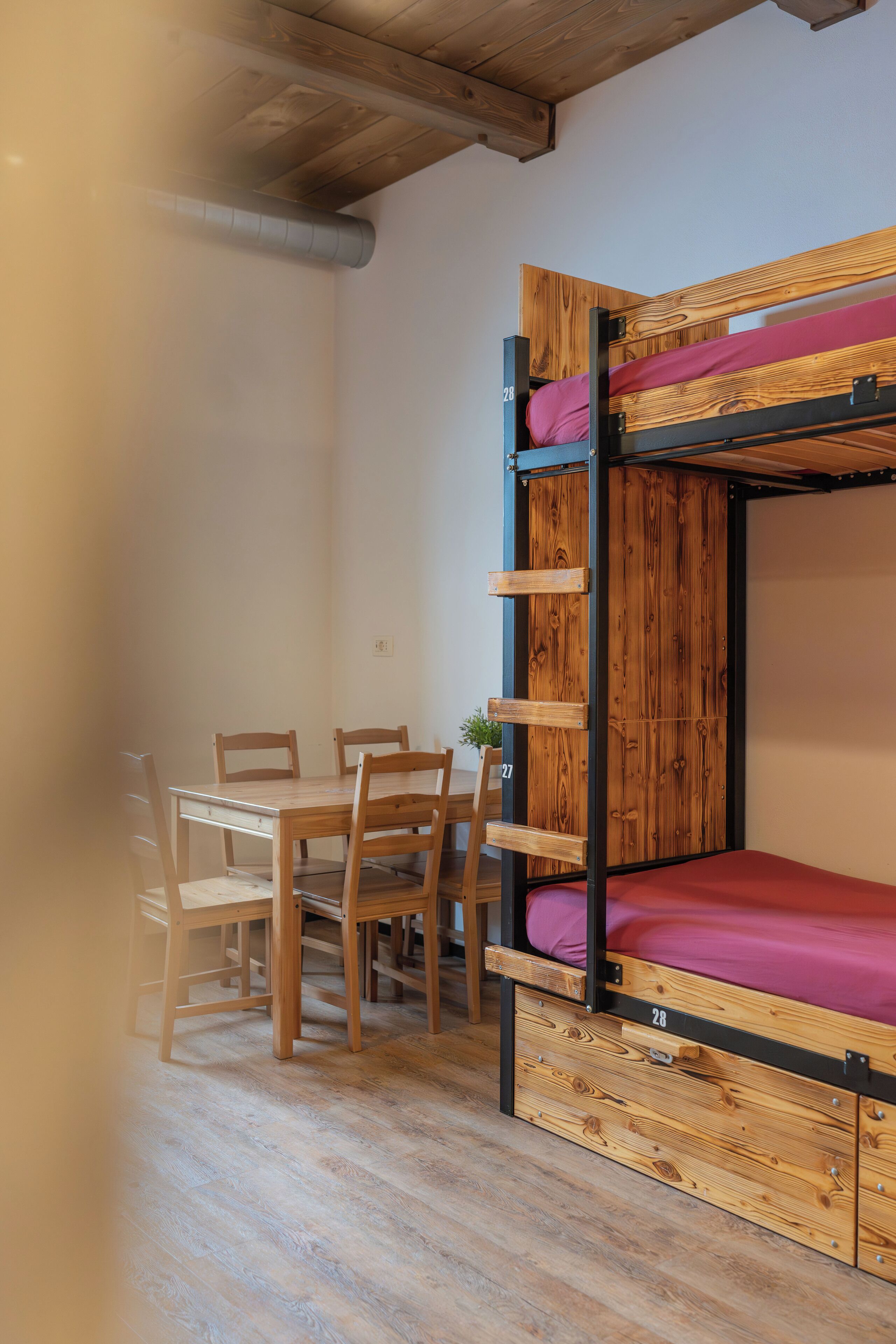 A bunk bed with a wooden frame and a red mattress, a wooden table with chairs, and a small plant on the wall.