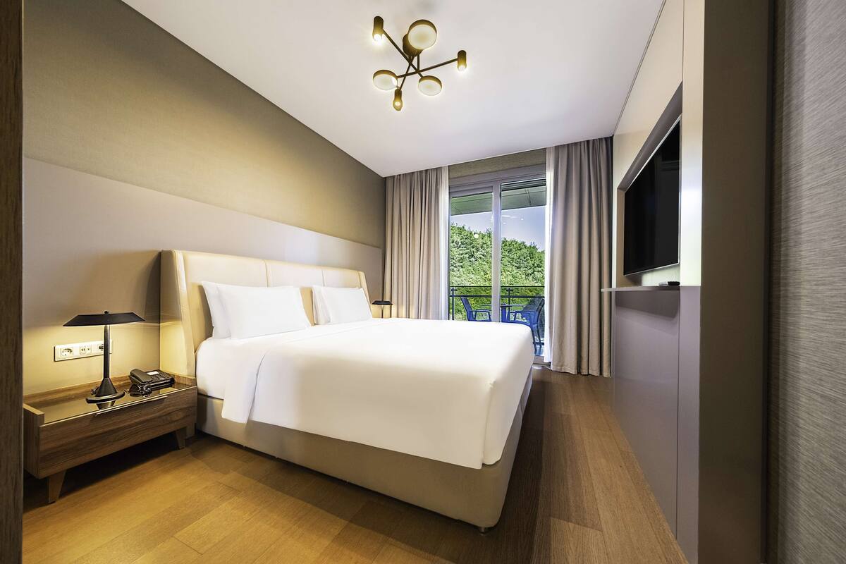 A modern hotel room with a large bed, a bedside table with a lamp, a TV, and a view of greenery outside.