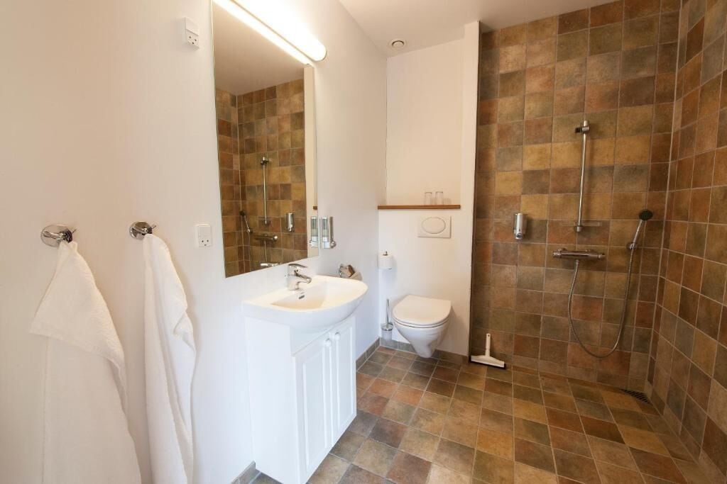 superior double room (annex) | bathroom | shower, hair dryer, towels, soap