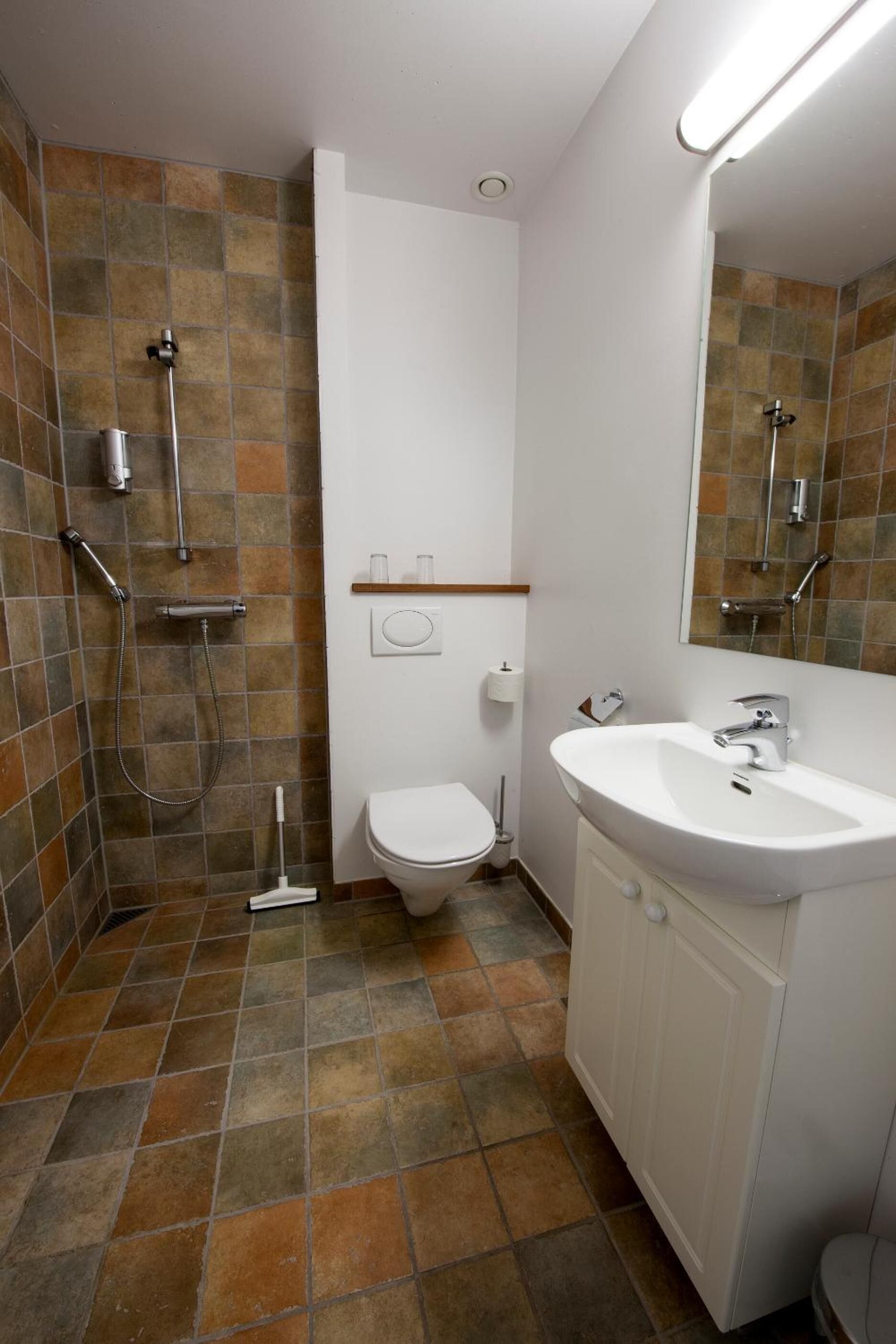 Un baño con ducha, inodoro y lavamanos.