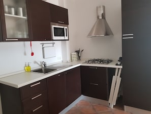 Appartement Ville, vue sur la ville (Menezio) | Cuisine privée | Réfrigérateur, four à micro-ondes, surface de cuisson