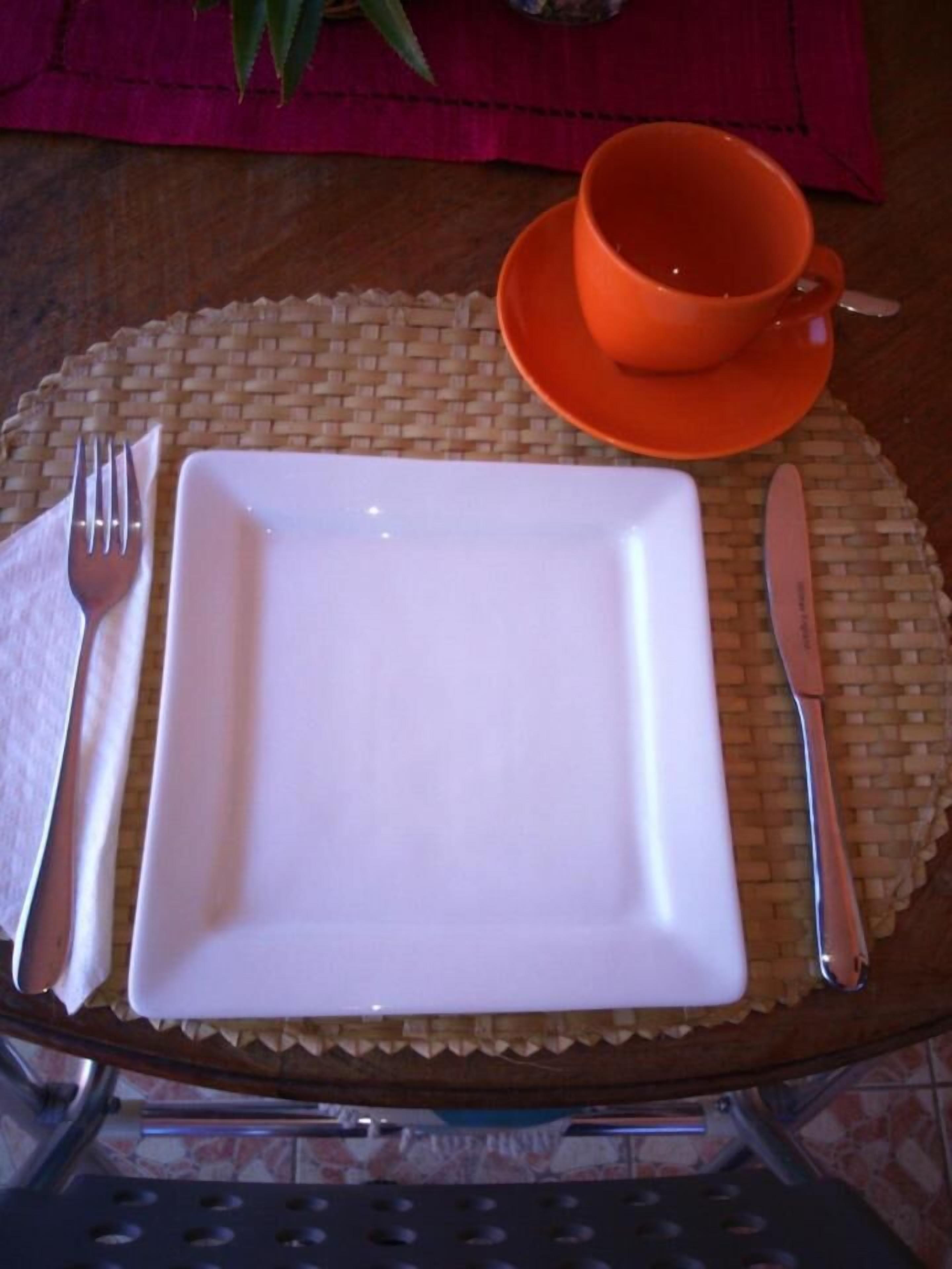 Una mesa con un plato blanco, un tenedor, un cuchillo y una taza y platillo naranja.