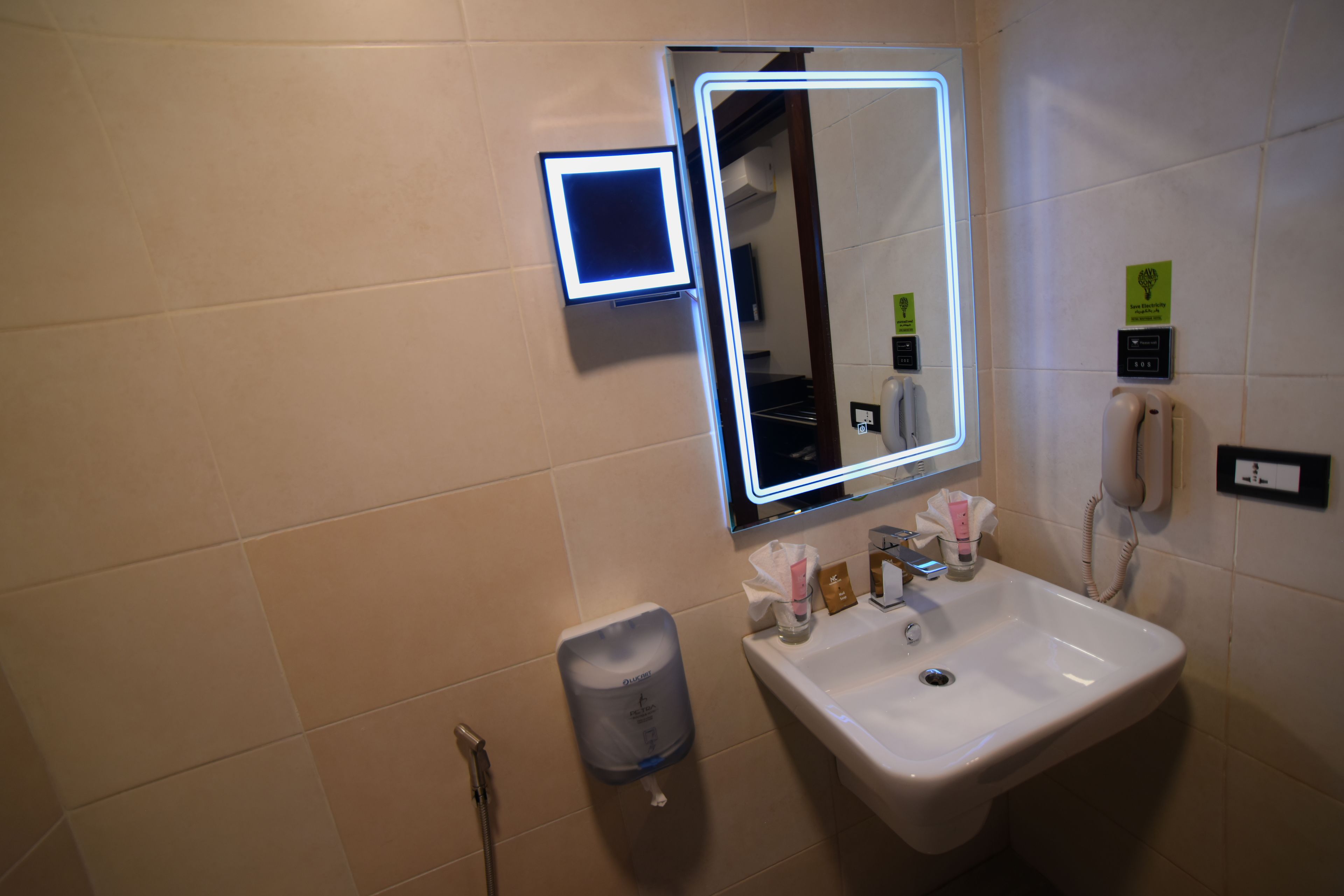 shower, hair dryer, bathrobes, slippers