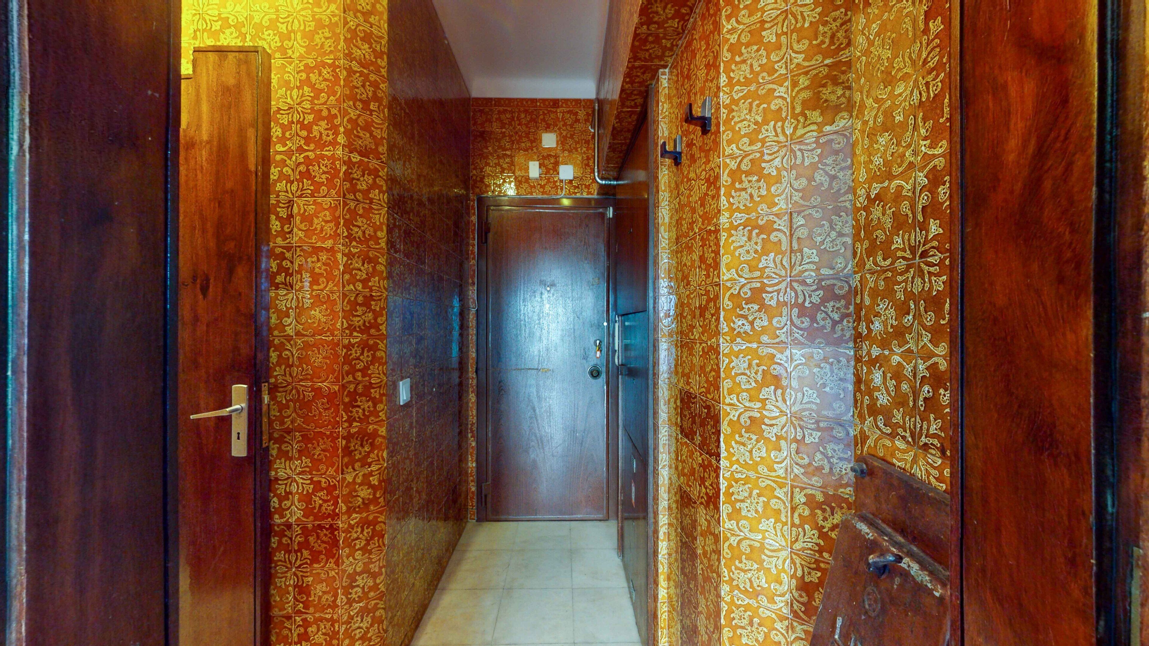 A narrow hallway with ornate patterned walls and a wooden door at the end.