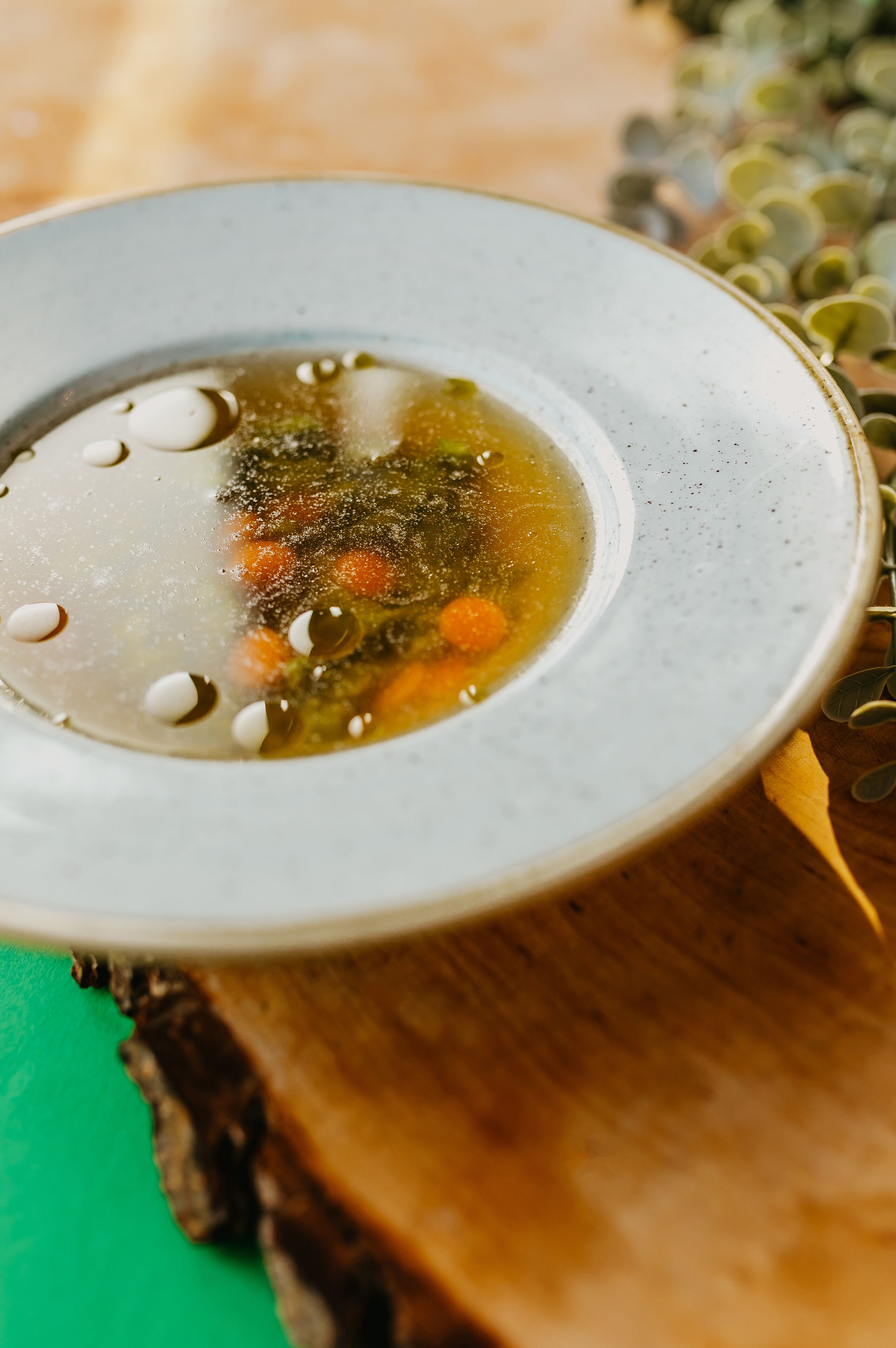Eine Schüssel Suppe mit sichtbaren Zutaten wie Karotten und Kräutern, auf einer Holzoberfläche platziert.