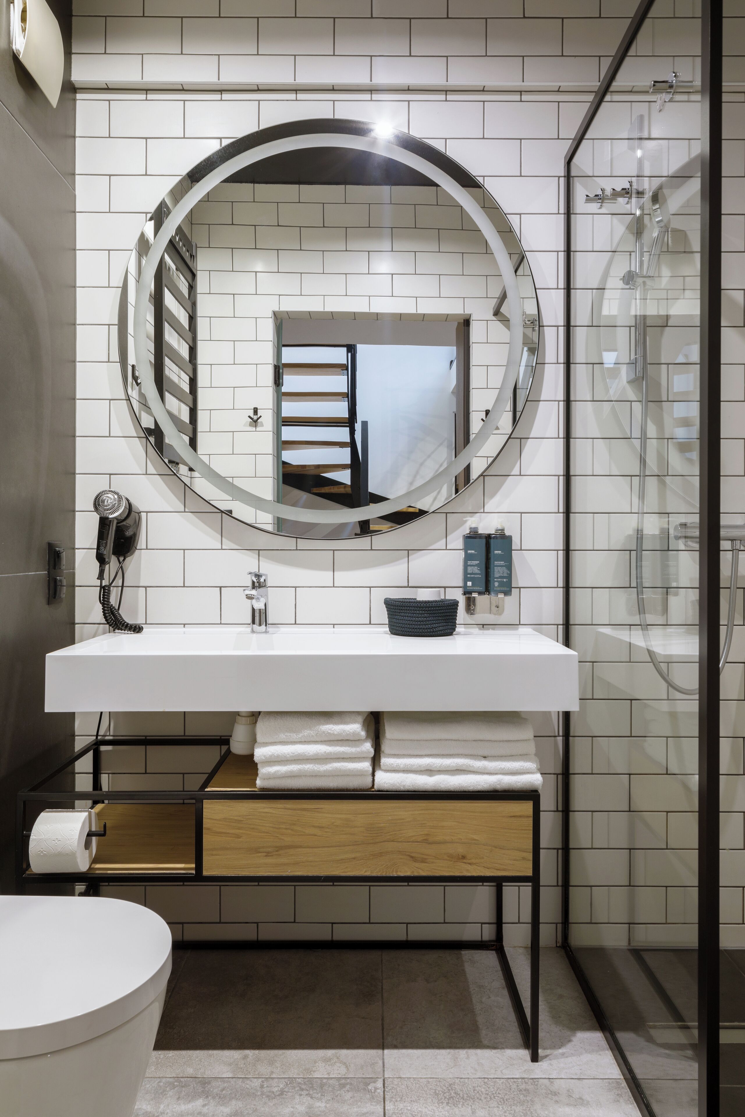 shower, rainfall showerhead, hair dryer, bathrobes