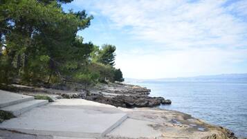 Uma passarela costeira com escadas que levam a uma linha costeira rochosa, rodeada por árvores e com vista para um mar calmo.