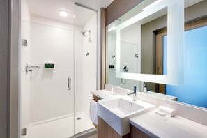 Hair dryer, towels, soap, shampoo