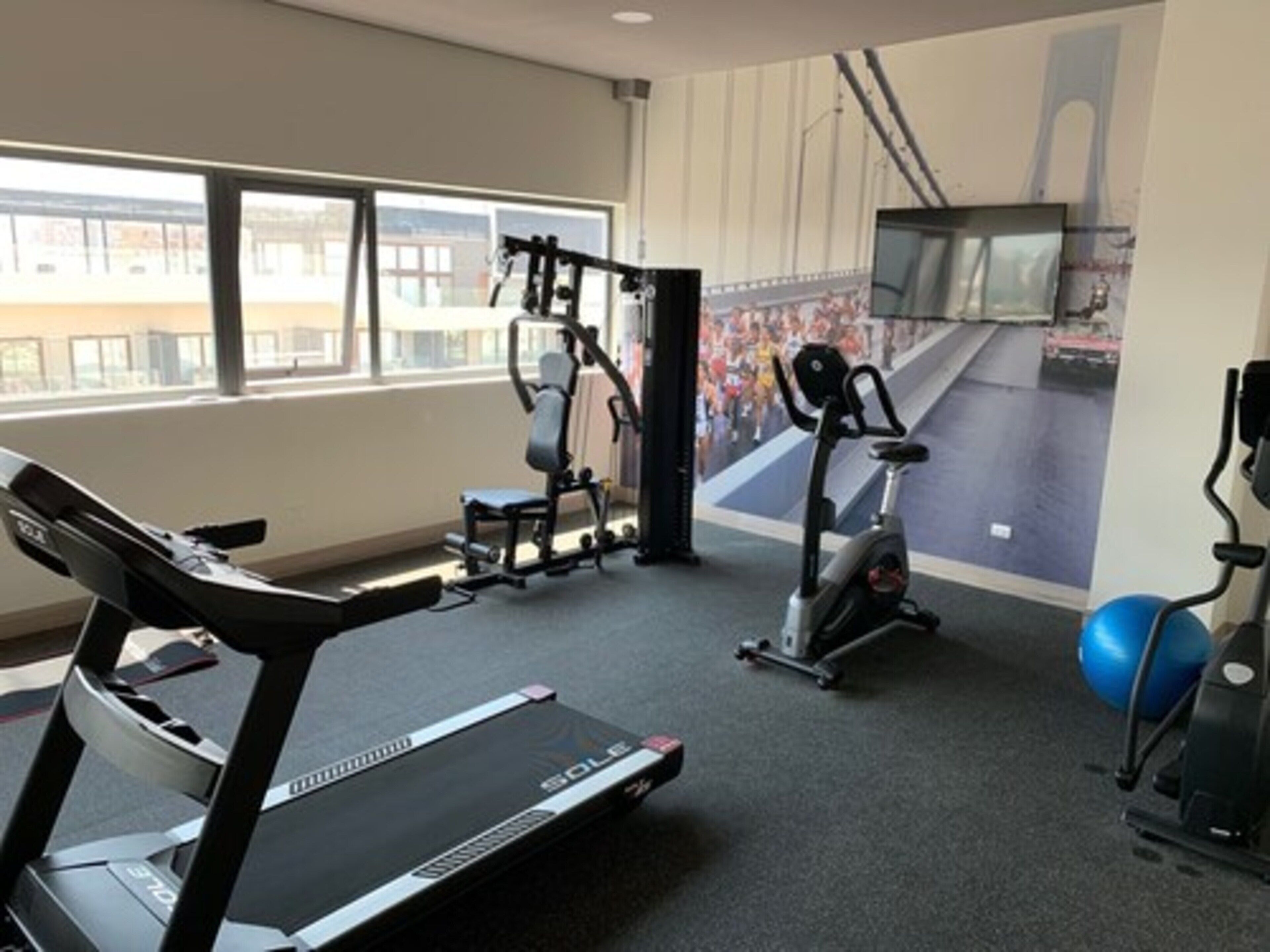 A gym with a treadmill, elliptical, and stationary bike.