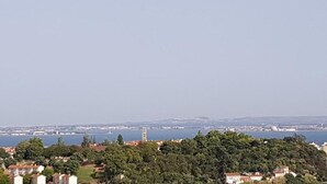 Un paysage urbain côtier avec des bâtiments, des arbres et un ciel dégagé.