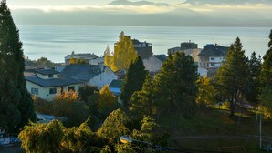 Un quartiere residenziale con case, alberi e una vista su un lago e montagne sullo sfondo.