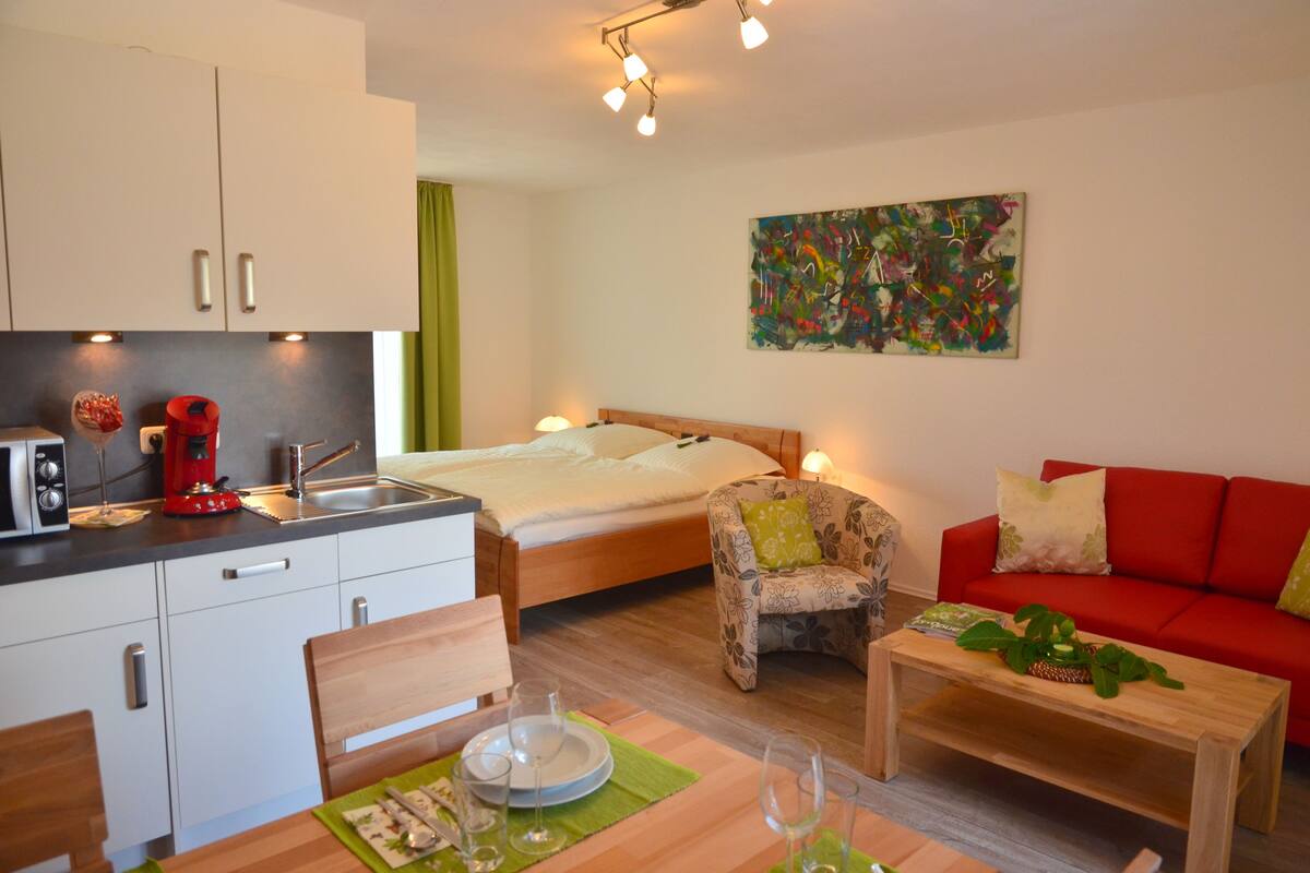Ein gemütlicher Wohnraum mit Küchenzeile, einem Bett, einem roten Schlafsofa, einem blumigen Sessel und einem Bild an der Wand.