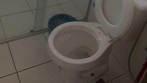 A bathroom with a glass shower enclosure, a toilet, and a blue trash bin.
