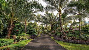 A pathway flanked by lush greenery and palm trees, leading to a building with a tiled roof.