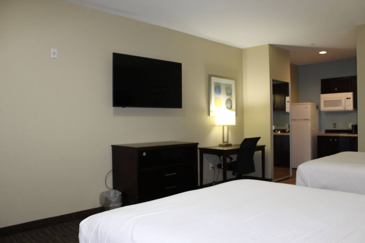 Une chambre d’hôtel avec deux lits, un bureau, une chaise, une télévision, une lampe et une kitchenette.