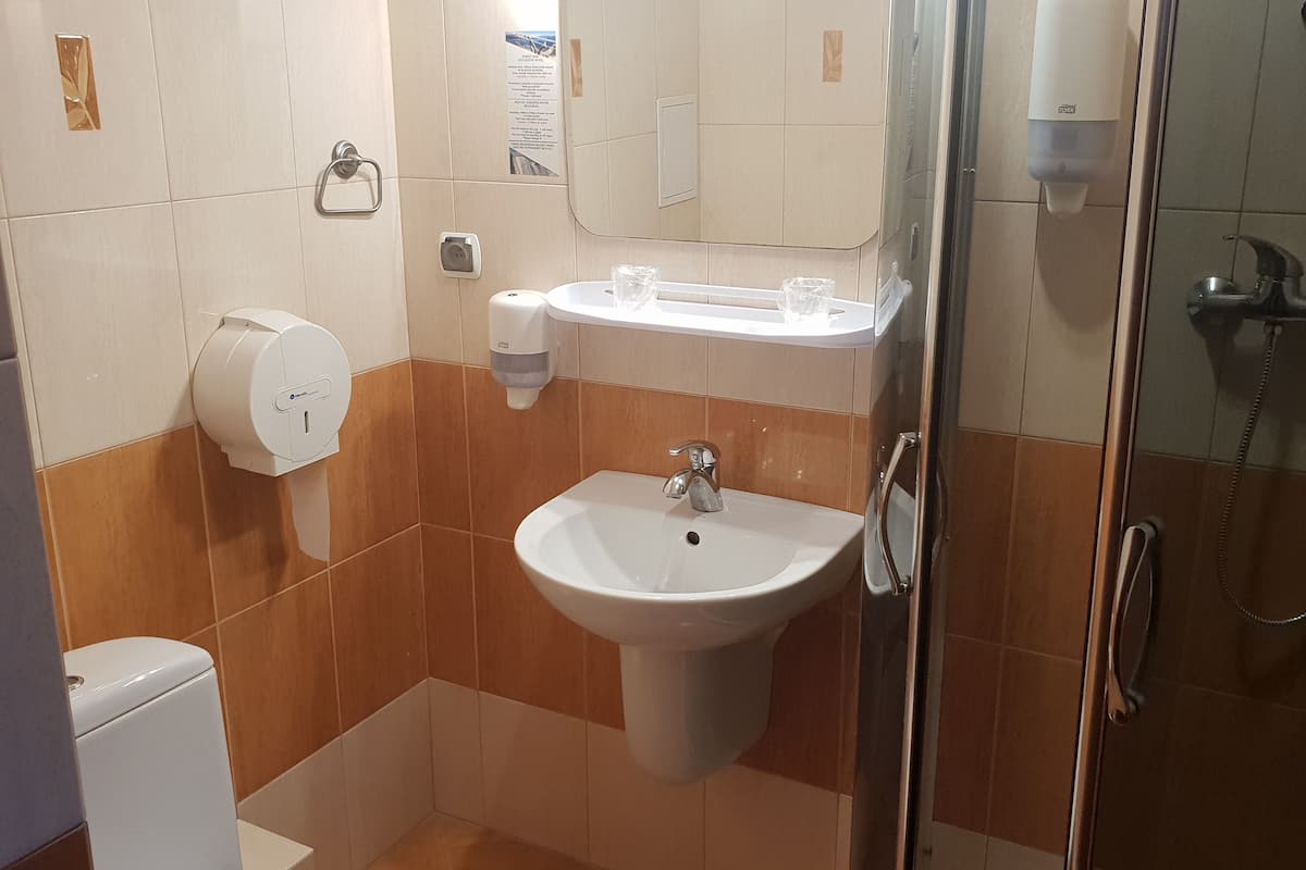 family room | bathroom | shower, hair dryer, towels, soap