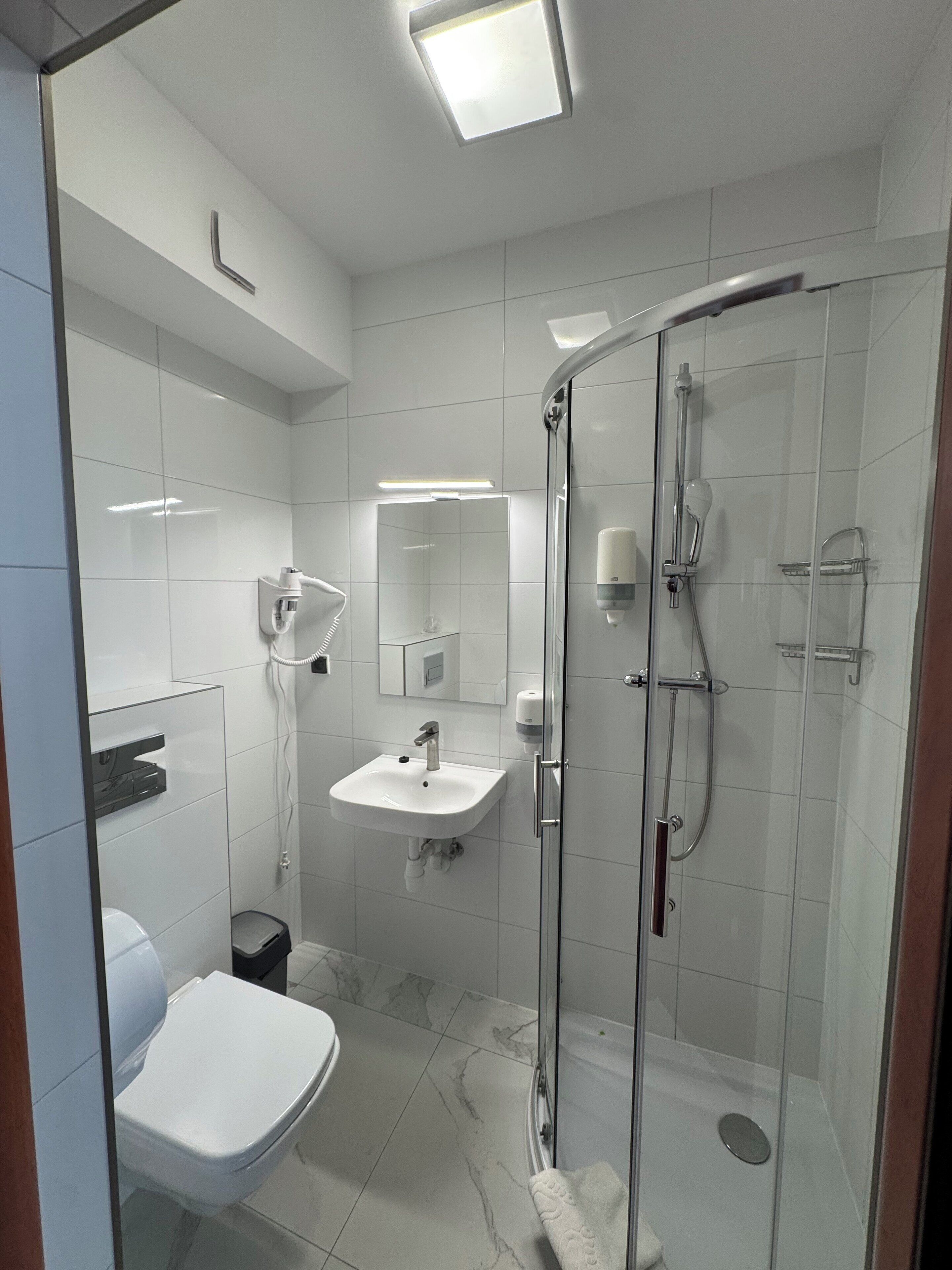 Une salle de bain moderne avec une douche à parois de verre, un lavabo blanc et des toilettes.