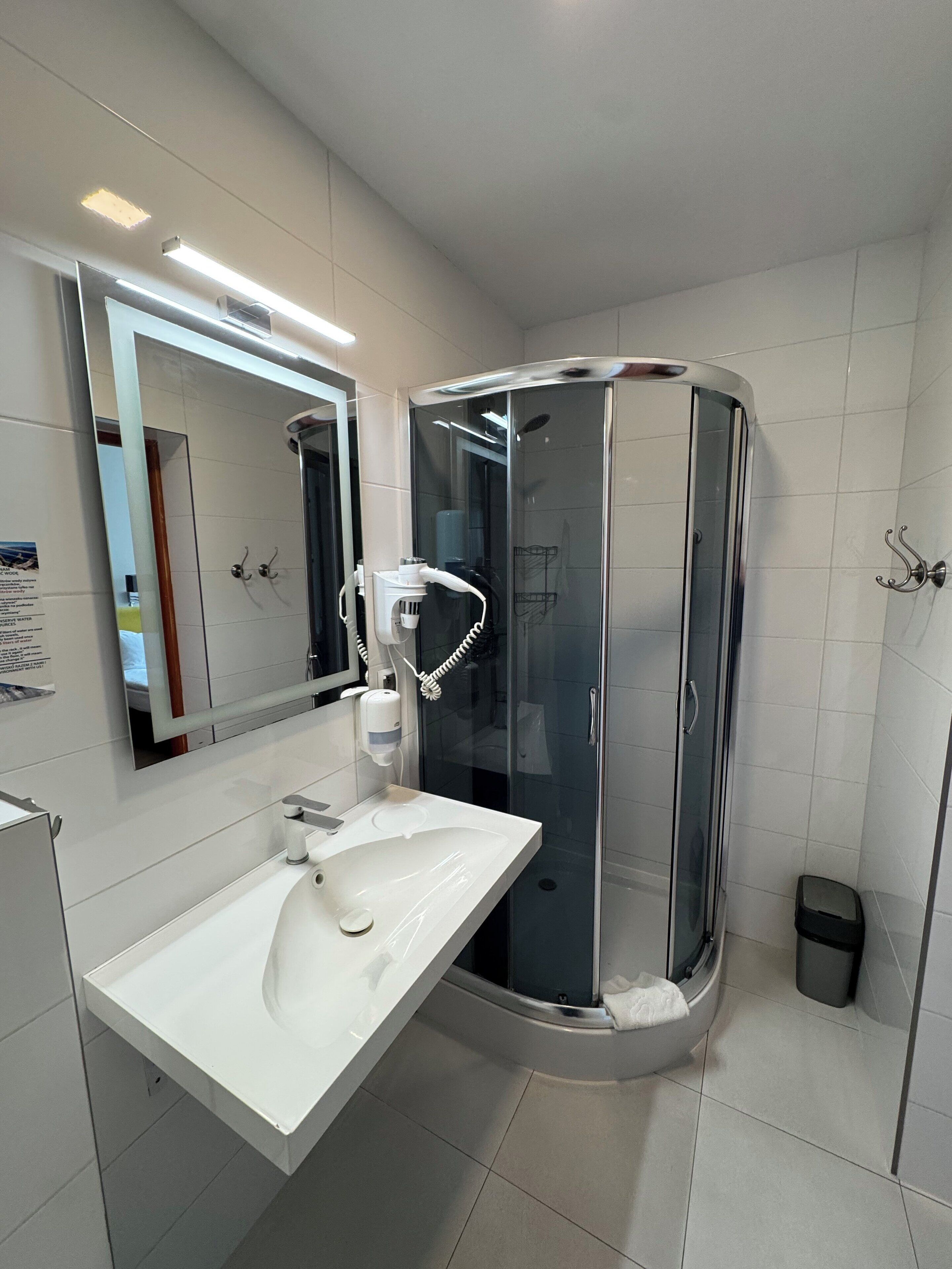 A modern bathroom with a glass-enclosed shower, a white sink, and a large mirror.