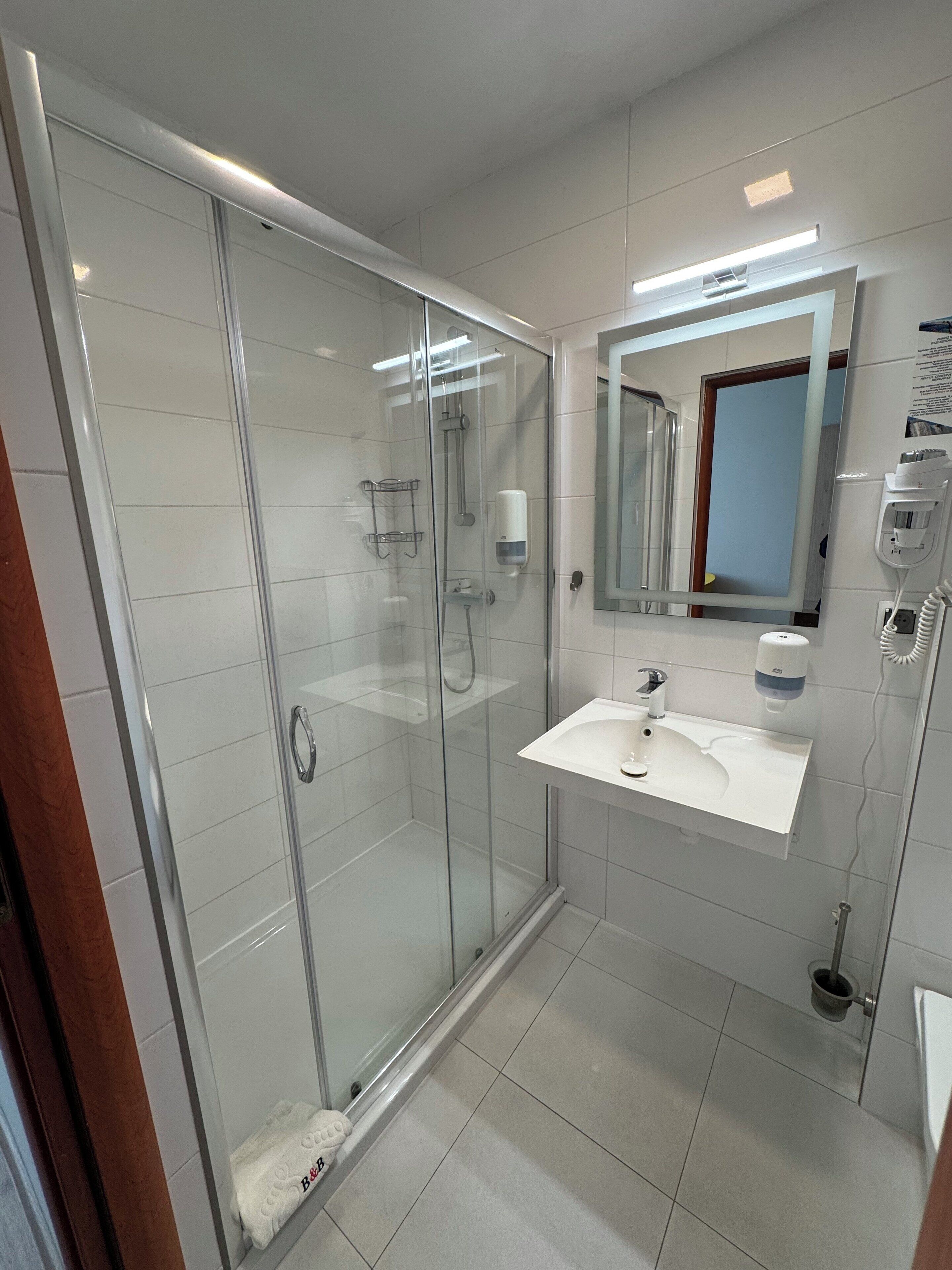 Ein modernes Badezimmer mit einer ein Glasdusche, einem weißen Waschbecken und einem Spiegel darüber.