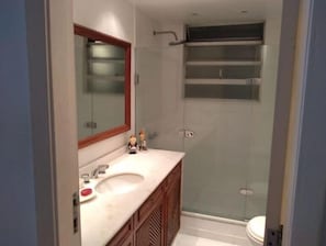 Căn hộ dành cho gia đình, nhiều giường, quang cảnh thành phố | Phòng tắm | Buồng tắm vòi sen, khăn tắm 