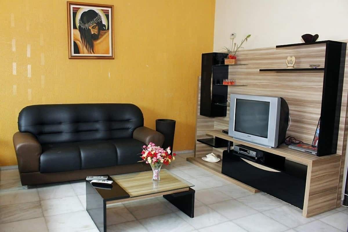 Un salon comprenant un canapé en cuir noir, une table basse en bois ornée d’un vase de fleurs, un téléviseur à écran plat posé sur un meuble en bois, et une étagère murale décorative.