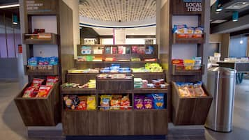 A snack display with various chips and snacks.