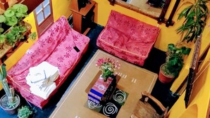 A room with two red sofas, a small table with a vase, and potted plants. - International Hostels (Cusco)