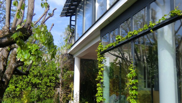 Uma casa moderna com grandes janelas de vidro, um deck de madeira e uma árvore com folhas verdes.