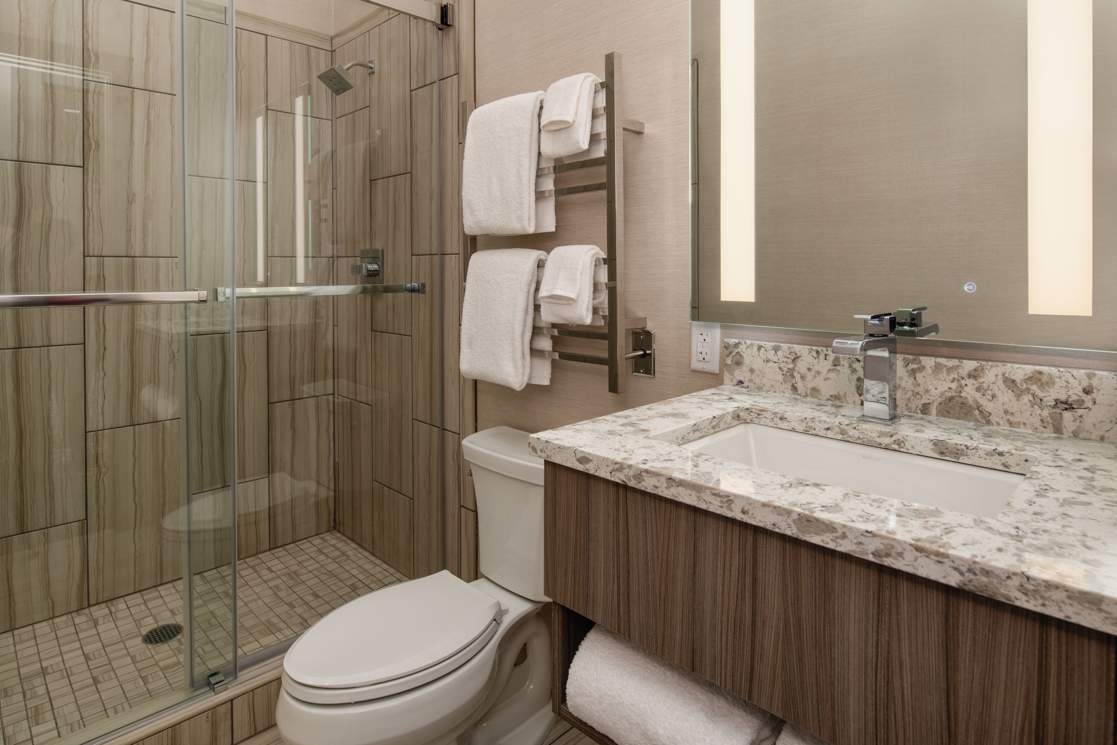 Shower, free toiletries, hair dryer, towels