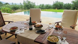 An outdoor dining setup with a pool view, featuring a table with plates of food, wine, and glasses.