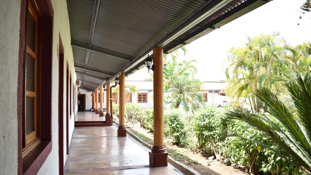A covered corridor with columns, leading to a garden area with palm trees and other greenery. - Hotel Patio Grande (Flores)