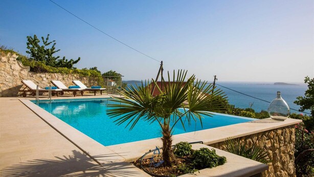 Una piscina con sillas de descanso, una palmera y vista al mar.