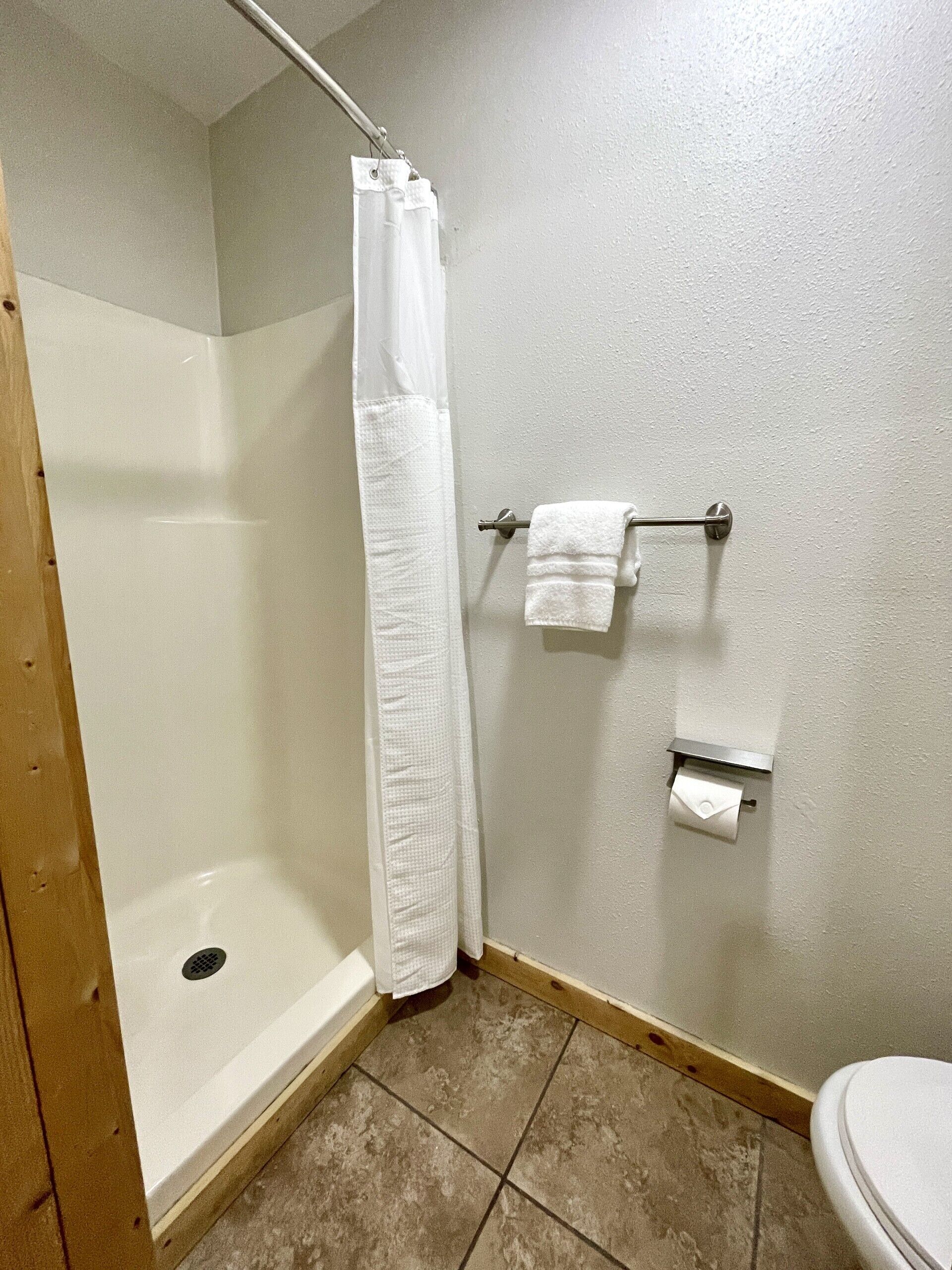 Une salle de bain équipée d’une douche, de toilettes et d’un porte-serviettes.