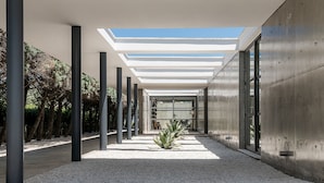 A modern building with a covered walkway, large windows, and a central plant. - Villa 7 Masterwork Contemporary (Chania)