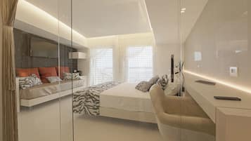 Panoramic-Suite, 1 Queen-Bett, Balkon, Meerblick | Italienische Bettbezüge von Frette, hochwertige Bettwaren