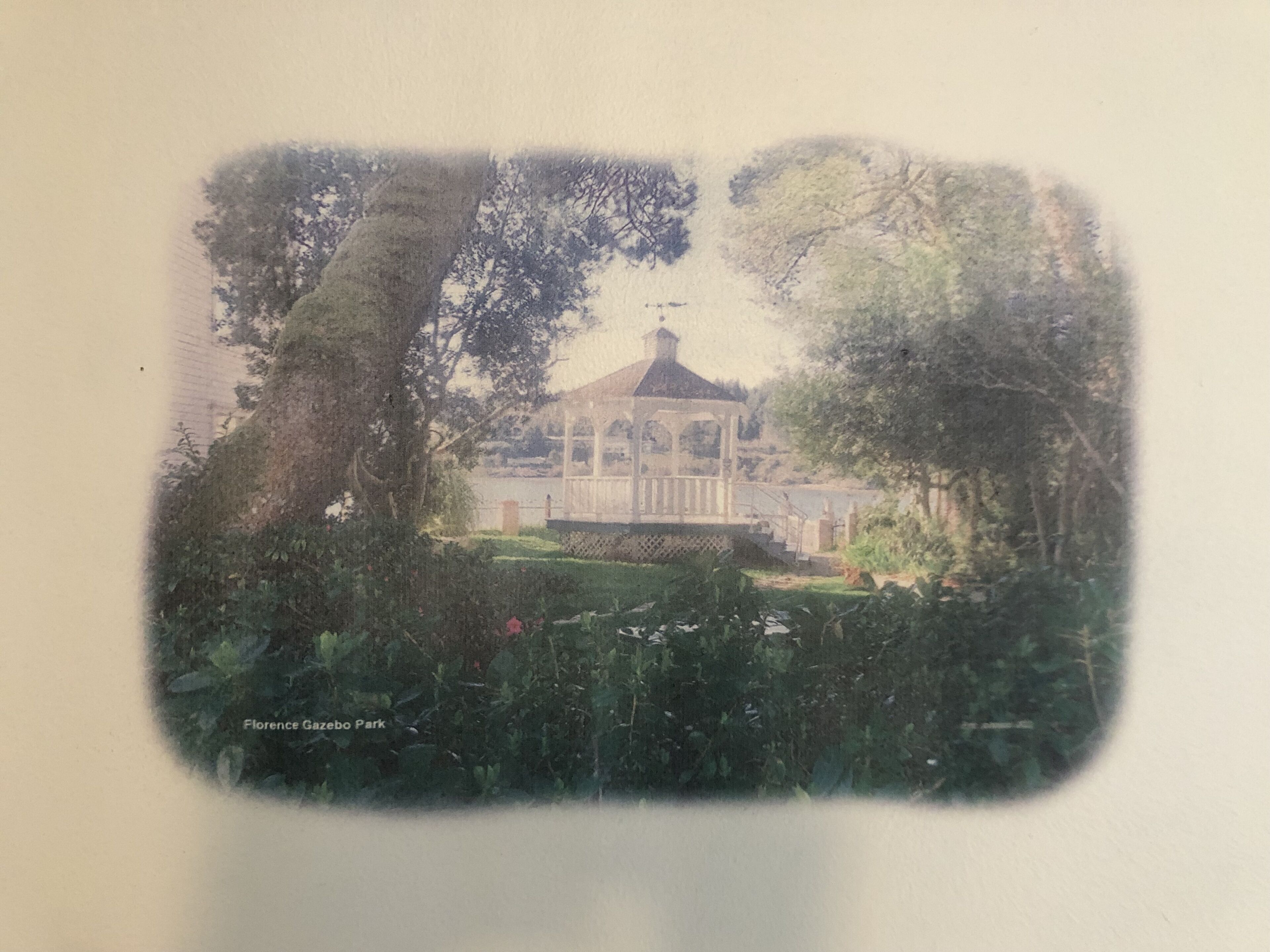 En pavillon i en park med frodigt grønt og en klar himmel.
