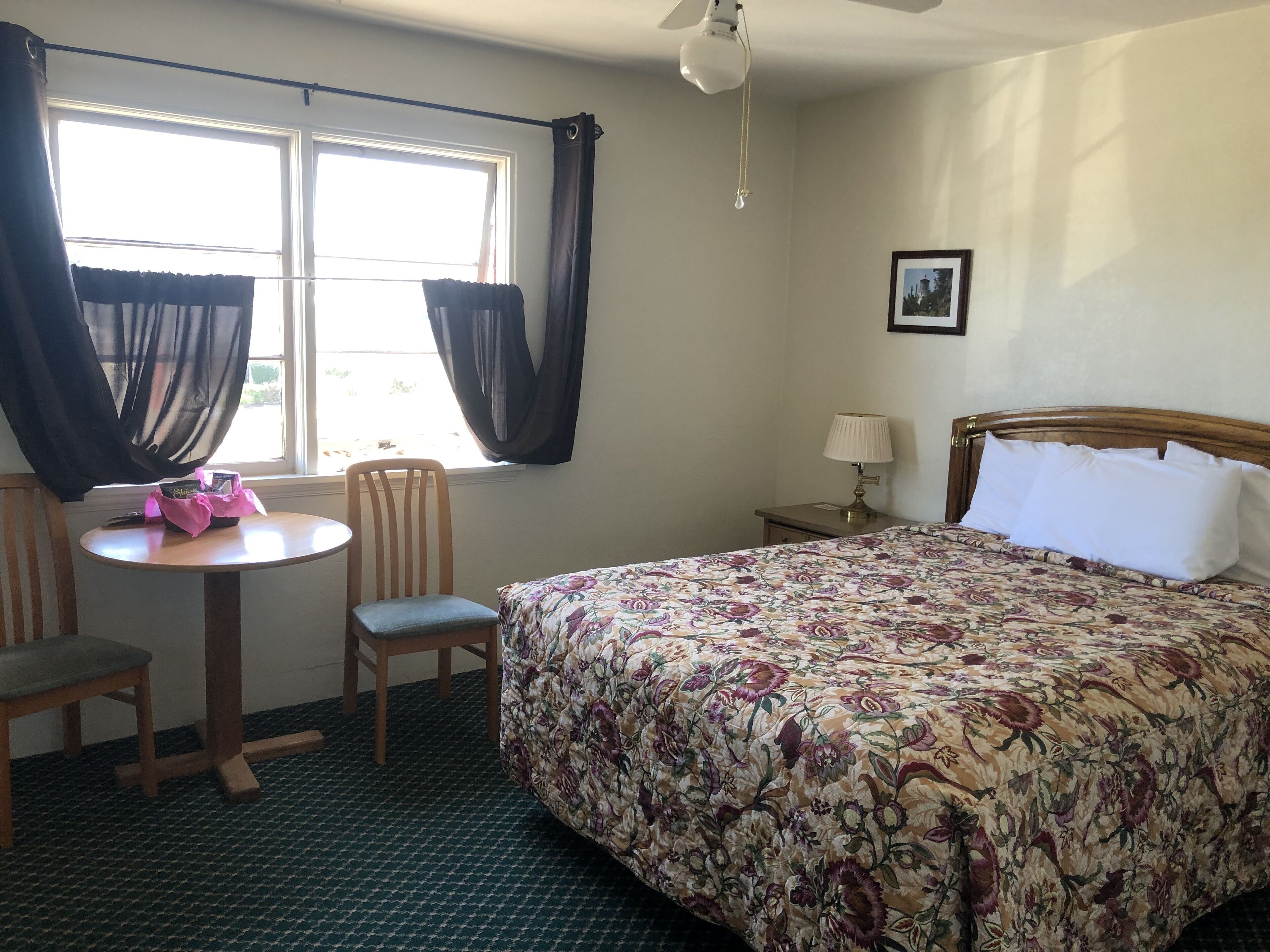 A hotel room with a bed, a desk, a chair, a window with curtains, a lamp, and a ceiling fan.
