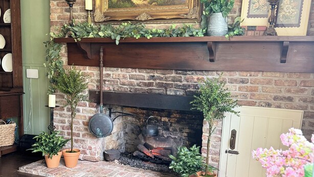 Een gezellige woonkamer met een metselwerk open haard, een schilderij erboven en plantenpotten in de ruimte.