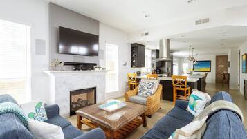 Smart TV, fireplace, DVD player, books