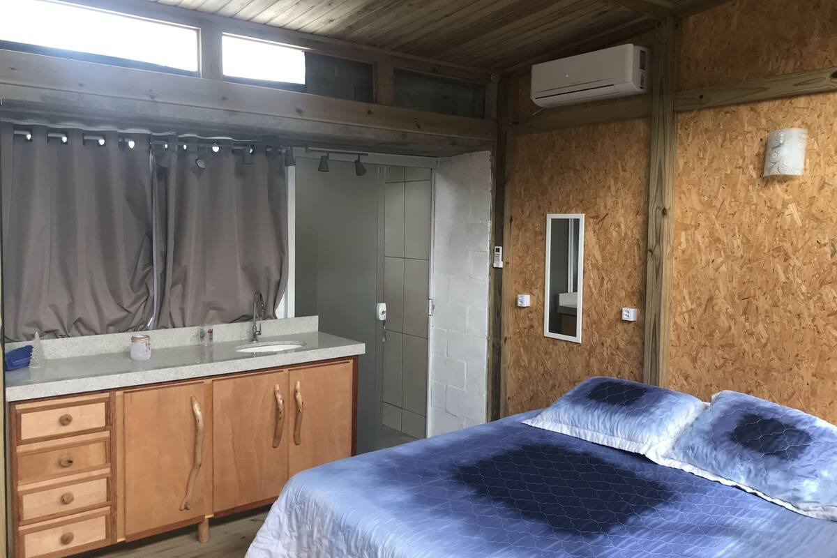 A bedroom with a bed, wooden cabinets, a bathroom with a shower, and a window.
